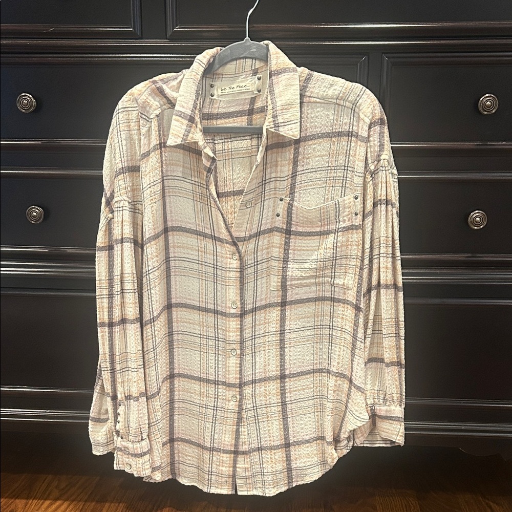 We The Free Beige and Purple Plaid Shirt